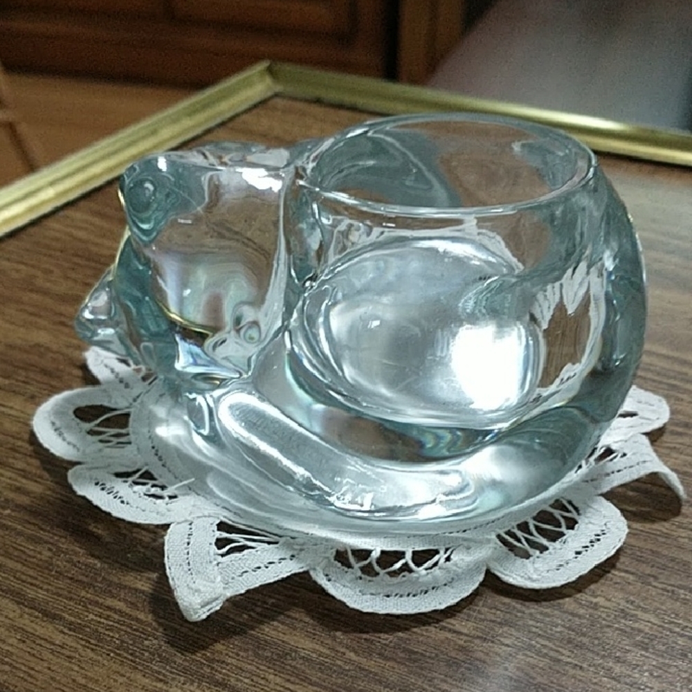 Vintage Clear Indiana Glass Cat Tealight / Votive Holder